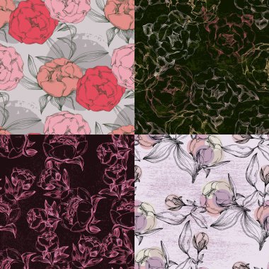 Şakayık çiçekli kusursuz boho deseni. Retro kolaj deseni. Düğün kırtasiyesi için çağdaş baskı, selamlar, duvar kağıtları, moda, geçmiş, dokular, DIY, ambalajlar, kartlar