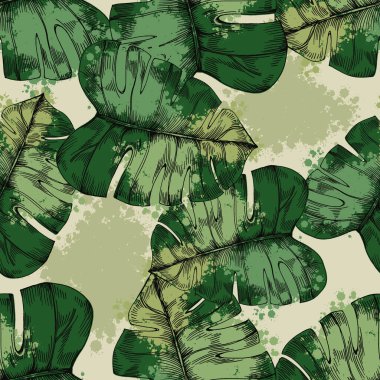 Tropikal bitki ve yapraklarla kusursuz desen. Çiçeksiz, egzotik yapraklı, orman yapraklı tropikal bir arka plan. Egzotik duvar kağıdı, Hawaii tarzı..
