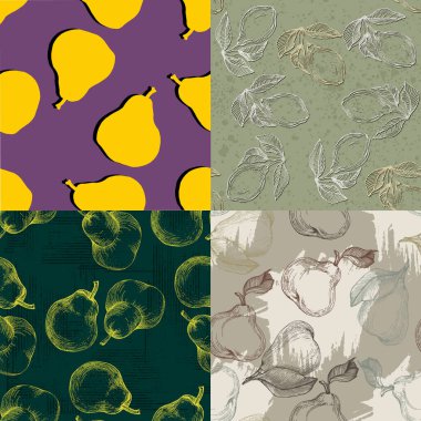 Kusursuz armut deseni. Baskı, ambalaj kağıdı, ambalaj, kumaş, tekstil, meyve dükkanları için arka plan tasarımı. Meyve arkaplanı