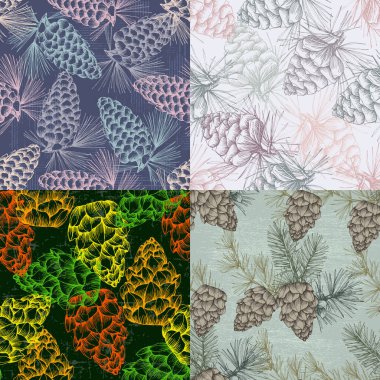 Köknar ağacı dalları ve konileri ile kusursuz arkaplan deseni.