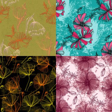 Poppy Kusursuz Vektör Deseni - Suluboya desenli Mürekkep Çizimi