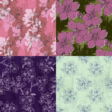 Sakura dallarıyla kusursuz desen. Orijinal arka plan. Klasik çiçeksiz desenli. Bahar çiçekleri. Chinoiserie