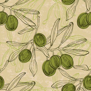 Zeytin, zeytin dalları ve yapraklarıyla dikişsiz desen. Doğa ve botanik elementleri içeren basit minimalist kumaş ve duvar kağıdı deseni.