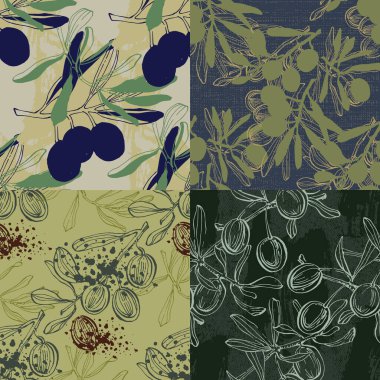 Zeytin, zeytin dalları ve yapraklarıyla dikişsiz desen. Doğa ve botanik elementleri içeren basit minimalist kumaş ve duvar kağıdı deseni.