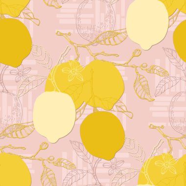 Limonlu, tropik, pürüzsüz bir desen. Tekrarlanan meyve arka planı. Afişler, kartlar, el ilanları, sosyal medya duvar kağıtları vs. için parlak yazıcı.