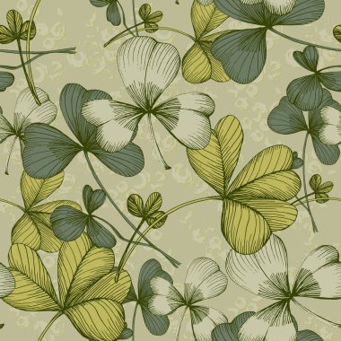 Aziz Patrick Günü. Dört yapraklı yoncalarla kusursuz desen. Yonca sembolü deseni. Basit tekrarlanabilir tasarım. İrlanda 'nın iyi şanslar sembolü