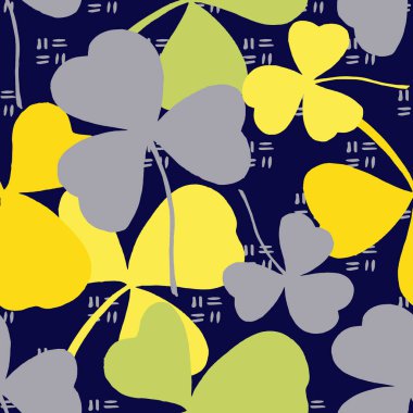 Aziz Patrick Günü. Dört yapraklı yoncalarla kusursuz desen. Yonca sembolü deseni. Basit tekrarlanabilir tasarım. İrlanda 'nın iyi şanslar sembolü