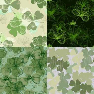 Aziz Patrick Günü. Dört yapraklı yoncalarla kusursuz desen. Yonca sembolü deseni. Basit tekrarlanabilir tasarım. İrlanda 'nın iyi şanslar sembolü