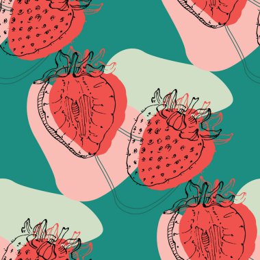 Çilek pürüzsüz desen. Yaz meyvesiyle arka plan tekrarlanıyor. Kumaş, hediye paketi ve ambalaj için kullan.