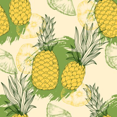 Ananaslı, dikişsiz, tropik olgun meyve. Tekstil, ambalaj, kumaş, duvar kağıdı için yaz baskısı.