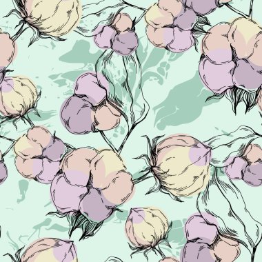 Kusursuz desenli pamuk çiçekleri, uçsuz bucaksız doku, mürekkep eskiz sanatı. Düğün davetiyeleri, duvar kağıtları, tekstil ve ambalaj kağıtları için vektör illüstrasyonu