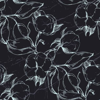 Kusursuz desenli pamuk çiçekleri, uçsuz bucaksız doku, mürekkep eskiz sanatı. Düğün davetiyeleri, duvar kağıtları, tekstil ve ambalaj kağıtları için vektör illüstrasyonu
