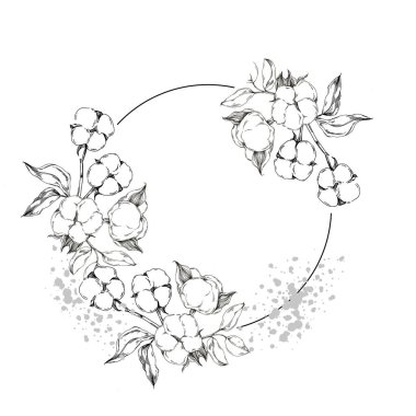 Kusursuz desenli pamuk çiçekleri, uçsuz bucaksız doku, mürekkep eskiz sanatı. Düğün davetiyeleri, duvar kağıtları, tekstil ve ambalaj kağıtları için vektör illüstrasyonu