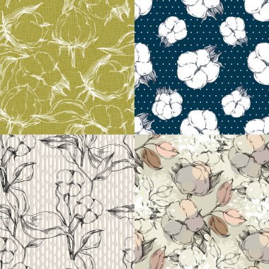 Kusursuz desenli pamuk çiçekleri, uçsuz bucaksız doku, mürekkep eskiz sanatı. Düğün davetiyeleri, duvar kağıtları, tekstil ve ambalaj kağıtları için vektör illüstrasyonu