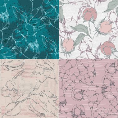 Kusursuz desenli pamuk çiçekleri, uçsuz bucaksız doku, mürekkep eskiz sanatı. Düğün davetiyeleri, duvar kağıtları, tekstil ve ambalaj kağıtları için vektör illüstrasyonu