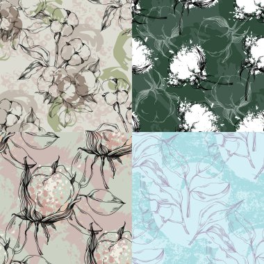 Kusursuz desenli pamuk çiçekleri, uçsuz bucaksız doku, mürekkep eskiz sanatı. Düğün davetiyeleri, duvar kağıtları, tekstil ve ambalaj kağıtları için vektör illüstrasyonu