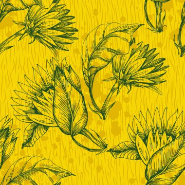 Kumaş, baskı ve arkaplan dokusu için ayçiçeği desensiz duvar kağıdı tasarımı, Vektör illüstrasyonu.