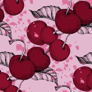 Kirazsız desen. Yaz meyveleri, meyveler, yapraklar, çiçekler. Bahar kapağı için vektör illüstrasyonu, tropik duvar kağıdı dokusu, arkaplan, düğün davetiyesi