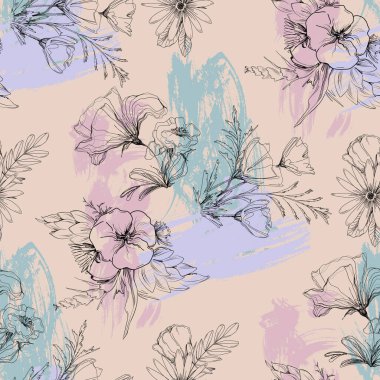 El çizimi çiçek arkaplanı. Botanik kusursuz desen. Çizim çizimi. Moda, kumaş, tekstil, duvar kağıdı, kapak, ağ, ambalaj ve tüm baskılar için tasarım