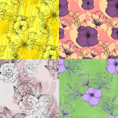 El çizimi çiçek arkaplanı. Botanik kusursuz desen. Çizim çizimi. Moda, kumaş, tekstil, duvar kağıdı, kapak, ağ, ambalaj ve tüm baskılar için tasarım