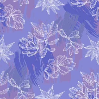 Soyut tropikal çiçekler, yapraklar ve şekillerle kusursuz bir desen oluşturur. Yaz ormanı çiçekleri tasarımı. Kumaş, tekstil, ambalaj kağıdı, duvar kağıdı için harika. Vektör dokusu