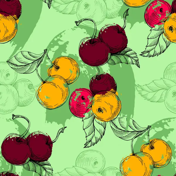 チェリーシームレスパターン 夏の果実 花の背景 春カバー 熱帯壁紙の質 結婚式の招待のためのベクトル イラスト — ストックベクタ
