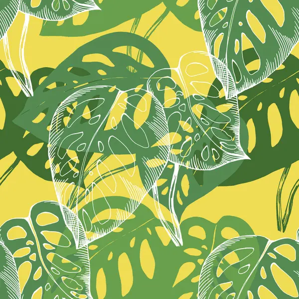 カバー プレゼンテーションのためのエキゾチックな葉と植物のジャングルパターンのシームレスな熱帯パターン トロピカルモンステラの葉 — ストックベクタ