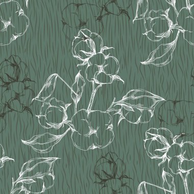 Pamuk çiçeği pürüzsüz desen. Yapraklı pamuk dalları kumaş, tekstil, giysi, web sayfaları, duvar kağıtları, arka planlar için uygundur.