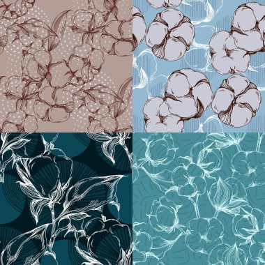 Pamuk çiçeği pürüzsüz desen. Yapraklı pamuk dalları kumaş, tekstil, giysi, web sayfaları, duvar kağıtları, arka planlar için uygundur.