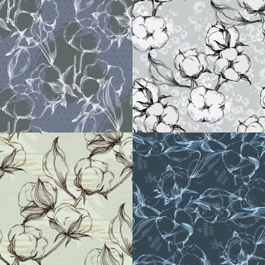 Pamuk çiçeği pürüzsüz desen. Yapraklı pamuk dalları kumaş, tekstil, giysi, web sayfaları, duvar kağıtları, arka planlar için uygundur.