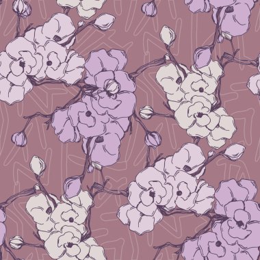 Japon kiraz çiçekli sakura pürüzsüz desen. Keten kumaş, duvar kağıdı arka plan. Kiraz çiçekleri tekstil baskısı, bahar ağacı çiçeği kumaşı, gül rengi basit çiçekler..