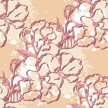 Japon kiraz çiçekli sakura pürüzsüz desen. Keten kumaş, duvar kağıdı arka plan. Kiraz çiçekleri tekstil baskısı, bahar ağacı çiçeği kumaşı, gül rengi basit çiçekler..