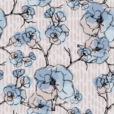 Japon kiraz çiçekli sakura pürüzsüz desen. Keten kumaş, duvar kağıdı arka plan. Kiraz çiçekleri tekstil baskısı, bahar ağacı çiçeği kumaşı, gül rengi basit çiçekler..