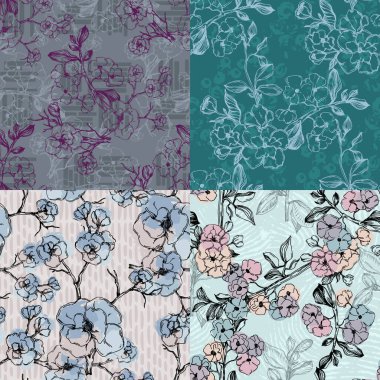 Japon kiraz çiçekli sakura pürüzsüz desen. Keten kumaş, duvar kağıdı arka plan. Kiraz çiçekleri tekstil baskısı, bahar ağacı çiçeği kumaşı, gül rengi basit çiçekler..