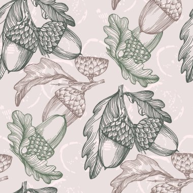 Meşe palamudu ile kusursuz desen. Sonbahar yapraklı desen, sonbahar yapraklı arka plan. Soyut yaprak dokusu.