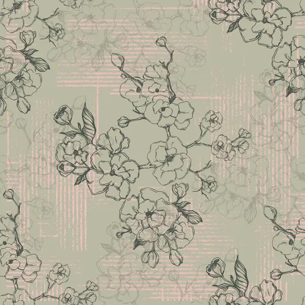 Japanese Cherry Blossom Sakura Seamless Pattern Linen Fabric Wallpaper Background — Stock Vector