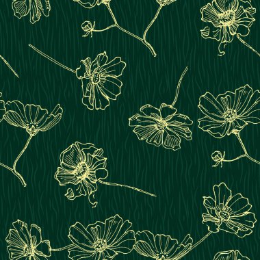 Arka planı kusursuz çiçek deseni. Güzel Cosmea çiçekleri arka planı. Soyut sanat tekstil çiçek tasarımının vektör çizimi.