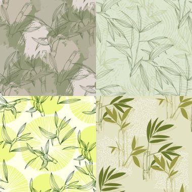 Kusursuz desenli, bambu arka planlı. El çizimi renkli vektör illüstrasyonu.