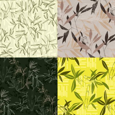 Kusursuz desenli, bambu arka planlı. El çizimi renkli vektör illüstrasyonu.