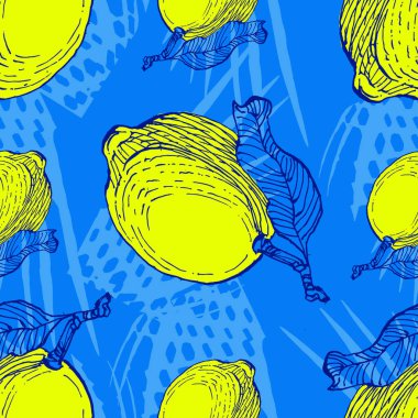 Pembe arka planda izole edilmiş limonlu tropik, pürüzsüz desen. Tekstil, ambalaj kağıdı, duvar kağıdı için tasarım.