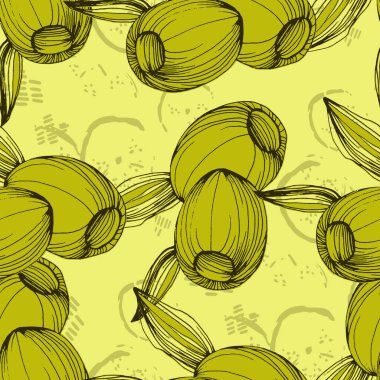 Zeytinsiz desen. Kaliteli yeşil zeytin dalları olan güzel, pürüzsüz bir desen. Sağlıklı beslenme konsepti için organik yemek malzemelerinin doğal sebze arkaplan çizimi. Taze el yapımı..