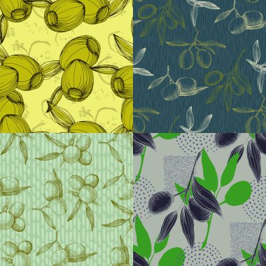 Zeytinsiz desen. Kaliteli yeşil zeytin dalları olan güzel, pürüzsüz bir desen. Sağlıklı beslenme konsepti için organik yemek malzemelerinin doğal sebze arkaplan çizimi. Taze el yapımı..
