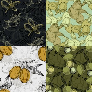 Zeytinsiz desen. Kaliteli yeşil zeytin dalları olan güzel, pürüzsüz bir desen. Sağlıklı beslenme konsepti için organik yemek malzemelerinin doğal sebze arkaplan çizimi. Taze el yapımı..