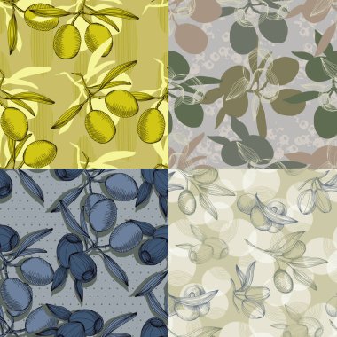 Zeytinsiz desen. Kaliteli yeşil zeytin dalları olan güzel, pürüzsüz bir desen. Sağlıklı beslenme konsepti için organik yemek malzemelerinin doğal sebze arkaplan çizimi. Taze el yapımı..