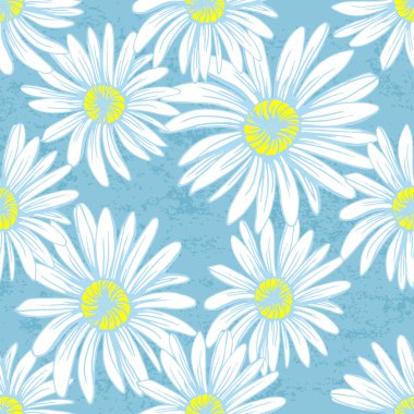 Çiçekler ve yapraklarla kusursuz desen. El çizimi arka plan. Duvar kağıdı ya da kumaş için papatya zinciri deseni. Çiçekli papatyalar. Botanik fayansları. Bahar mevsimi çiçek deseni.