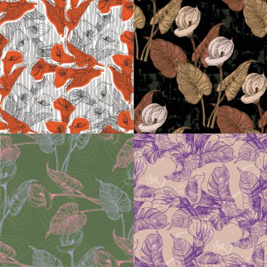 Calla Lily Zarif, kusursuz el çizimi. Basit şekilli çağdaş bir kolaj. Kağıt, kapak, kumaş, duvar kağıdı, iç mimari için modern egzotik tasarım. Vektör grafikleri.