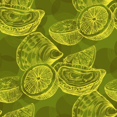 El yapımı deniz ürünleri, istiridye ve limonla kusursuz. Basit şekilli çağdaş bir kolaj. Kağıt, kapak, kumaş, duvar kağıdı, iç mekan için modern egzotik tasarım.