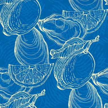 El yapımı deniz ürünleri, istiridye ve limonla kusursuz. Basit şekilli çağdaş bir kolaj. Kağıt, kapak, kumaş, duvar kağıdı, iç mekan için modern egzotik tasarım.