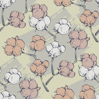 Pamuklu kusursuz desen. Renkli taslak stili el çizimi arka plan. Ayrıntılı illüstrasyon, el çizimi. Kumaş ve tekstil için harika, parmak izi, davetiye, ambalaj.