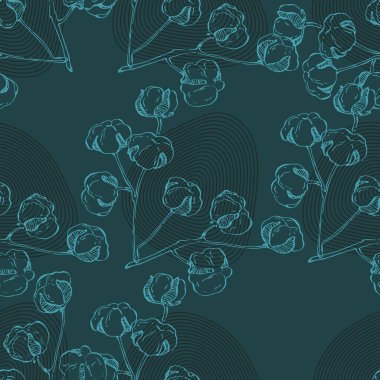 Pamuklu kusursuz desen. Renkli taslak stili el çizimi arka plan. Ayrıntılı illüstrasyon, el çizimi. Kumaş ve tekstil için harika, parmak izi, davetiye, ambalaj.